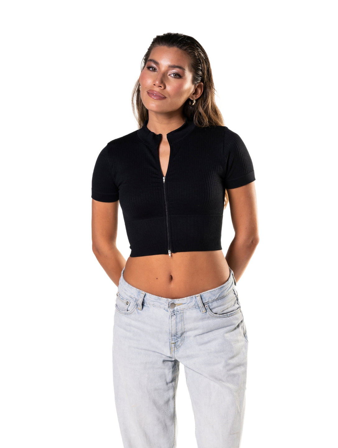 Seamless Ribbed Zip-Front Short Sleeve Crop Top - HeyShape