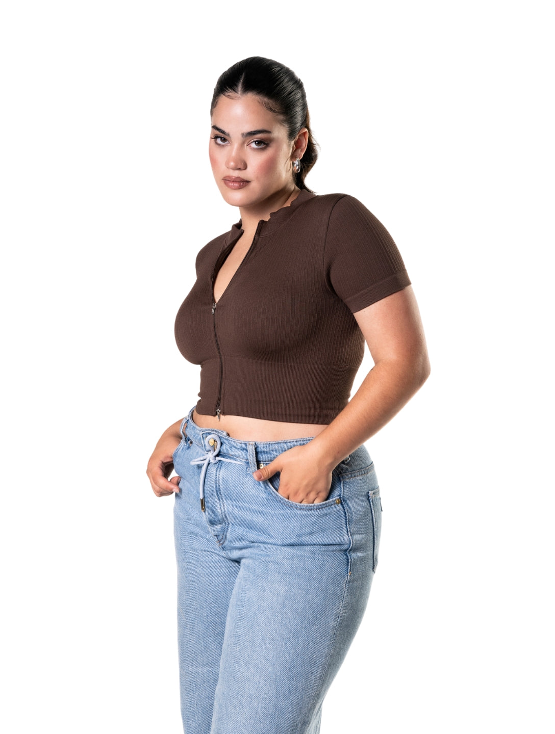 Seamless Ribbed Zip-Front Short Sleeve Crop Top - HeyShape